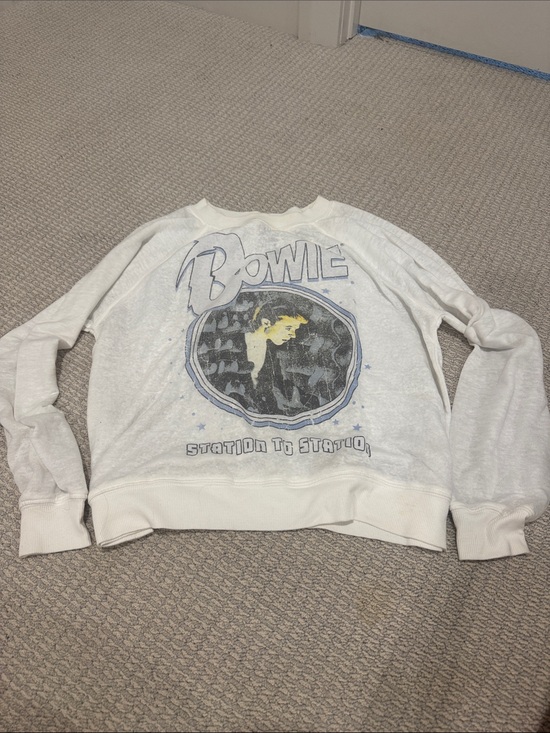 Recycled Karma Sweaters - Recycled Karma White Bowie Graphic Crewneck Sweater with Blue & Yellow Accents
